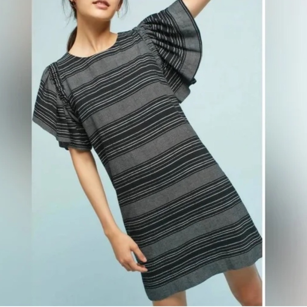 ANTHROPOLOGIE Moon River Denmark Striped Shift Dress Sz S Black Flutter Sleeve